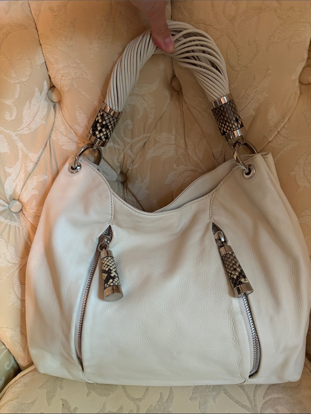 Michael Kors Cream Leather Hobo with Braided Handle and Snake-Print Accents